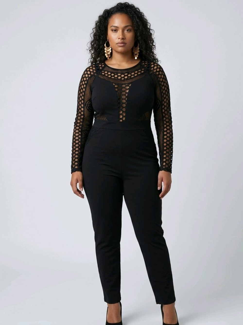 Uptown USA Black Mesh Long Sleeve Jumpsuit | Women's Large